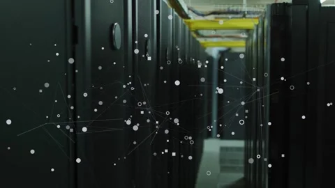 Camera moving forward activating node overlay drifting across data center aisle, Stock Footage 332804699
