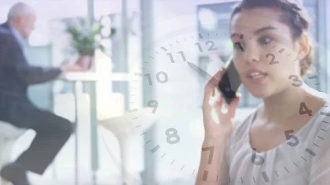 Camera moving forward and right clock overlay marking time while woman lifting Stock Footage 331126121