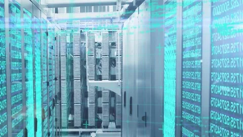 Camera moving forward into data center aisle after cyan numeric streams Stock Footage 331789918