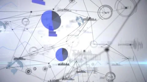 Camera moving forward, data network connecting nodes and growing pie charts, Stock Footage 330379568
