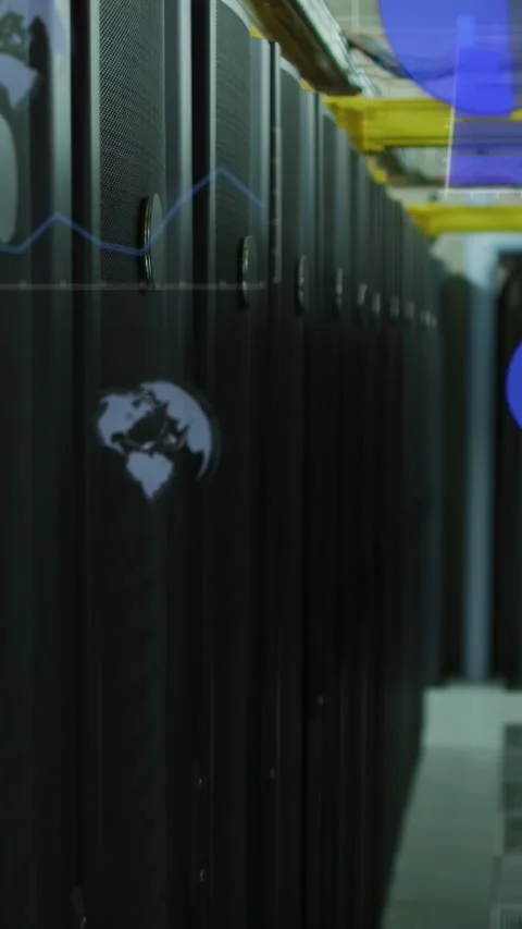 Camera moving forward down aisle, data center racks showing digital globe and Stock Footage 332775352