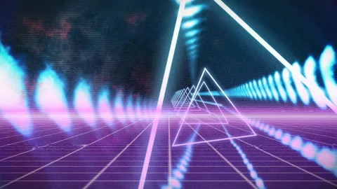 Camera moving forward drawing cyan triangular wireframes expanding rotating into Stock Footage 310408727