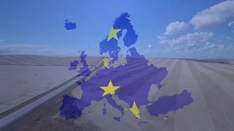 Camera moving forward, Europe map with yellow stars staying centered as sand Stock Footage 329454669