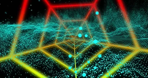 Camera moving forward, glowing hex tunnel and cyan point cloud rippling into Stock Footage 330188845