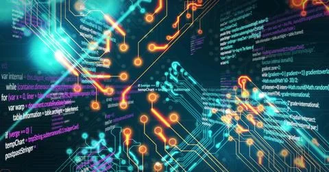 Camera moving forward, luminous circuit network pulsing and revealing floating Stock Illustration