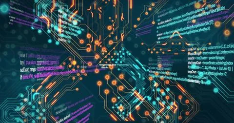 Camera moving forward, luminous circuit network pulsing and revealing floating Stock Illustration