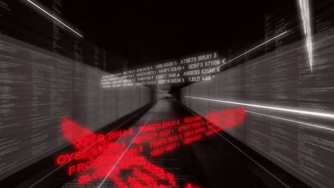 Camera moving forward propelling digital tunnel, financial ticker shifting, red Stock Footage 333904725