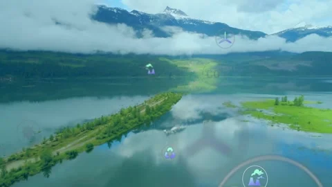 Camera moving forward, revealing lake spit while HUD overlays appearing, Stock Footage 329931777