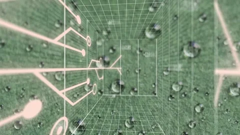 Camera moving forward, rotating, green cube revealing tech circuit for immersion Stock Footage 333106262