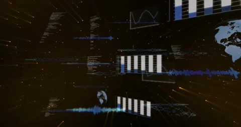 Camera moving forward starting central bar charts emerging and code blurring, Stock Footage 321378128