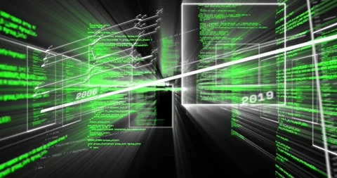 Camera moving forward streaming green code floating panels sliding updating Stock Footage 317265046