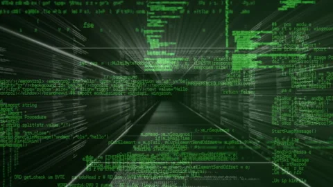 Camera moving forward through 3D corridor stretching green code streams showing Stock Footage 311141685