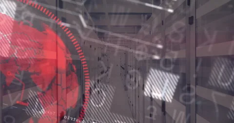 Camera moving forward through servers with floating data overlays rotating red Stock Footage 312898373