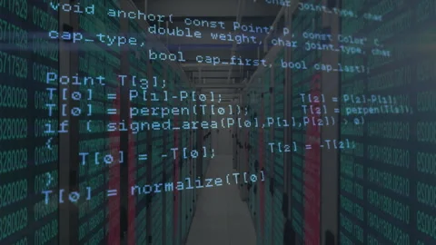 Camera moving forward triggers code overlay scrolling to show C++ routines Stock Footage 310643422