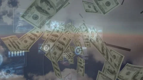Camera moving forward, USD bills swelling and swirling as HUD panels appearing Stock Footage 329505138