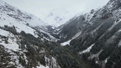 Camera moving forward in valley. snow covered mountains and green trees.white Stock Footage 157690796