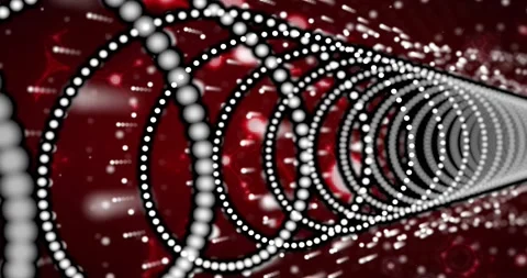 Camera moving forward, white bead rings sliding and rotating, particles Stock Footage 330208001