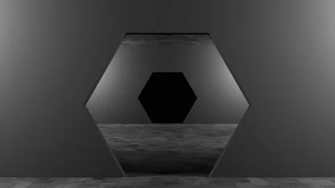 Camera moving into a futuristic rooms with hexagonal doorways arks loop Stock Footage 189993031