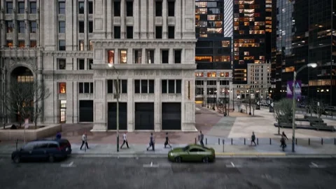 Camera moving up high between modern skyscrapers showing beautiful panorama of a Stock Footage 208947020