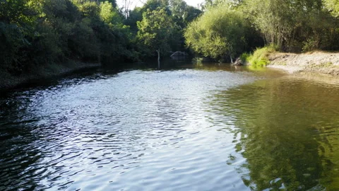 Camera moving just above the water of the river Stockbeeldmateriaal 138814946