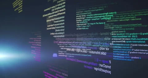 Camera moving from left flare, code panels rotating shifting around purple Stock Footage 327803445