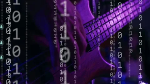 Camera moving on music stage toward bassist playing while bits and node icons 動画素材 332686187