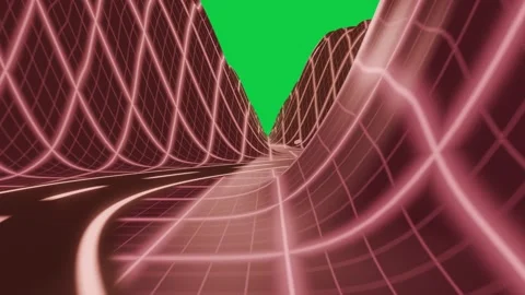 Camera moving into neon grid valley, road guiding toward black aperture, Stock Footage 337506314