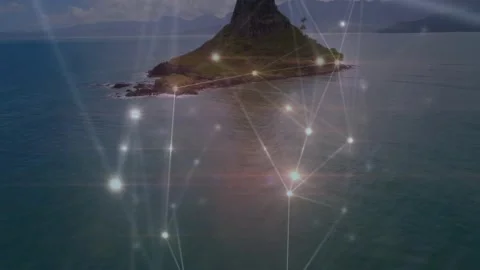 Camera moving onward showing conical island while mesh nodes pulsing, sun flare Stock Footage 329122701