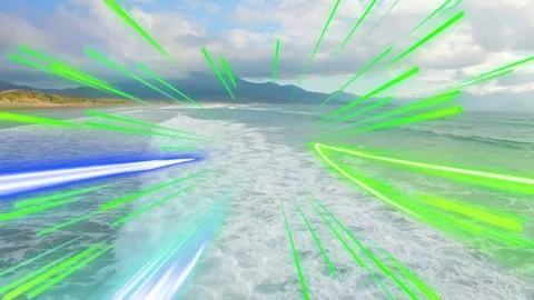 Camera moving over center wake causing neon streaks pulsing shifting blue accent Stock Footage 332545330