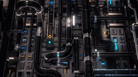 Camera moving over the maze of clean pipes tangled together, seamless loop Stock Footage 285724654