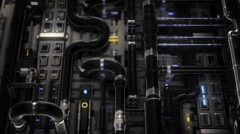 Camera moving over the maze of clean pipes tangled together, seamless loop Stock Illustration