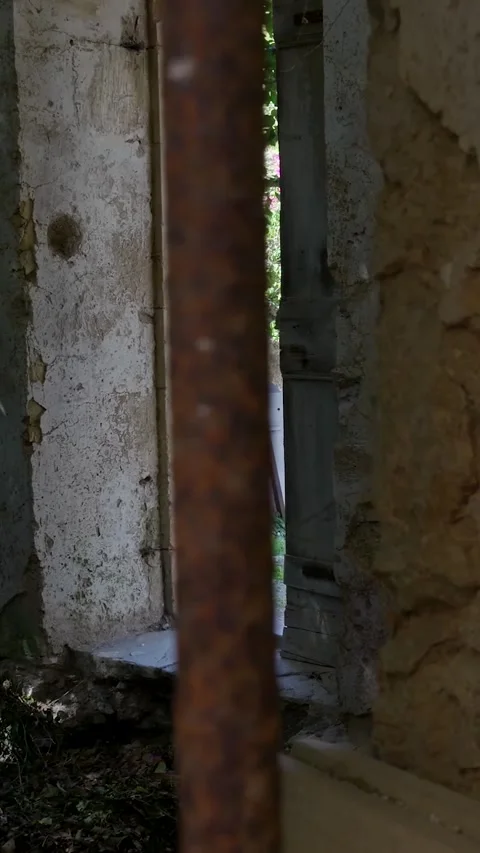 Camera moving past rusty bars revealing tourist Video stock 294963944