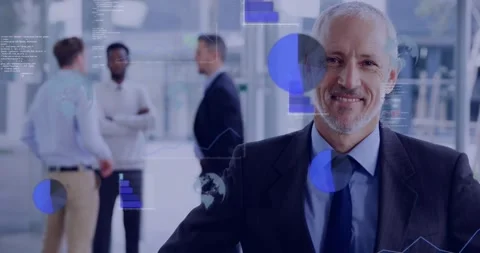 Camera moving revealing suited man posing, data overlays presenting business 스톡 동영상 331712651