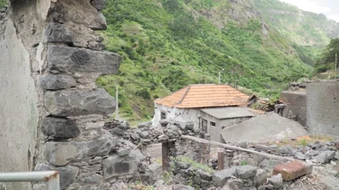 Camera moving right showing abandoned house ruins Stock Footage 293158737