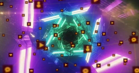 Camera moving into rotating neon hex tunnel orange icons drifting past pulsing Stock Footage 319573181