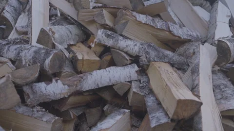 Camera moving slowly along pile of freshly chopped birch firewood Video stock 287018360