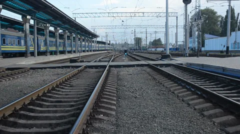 Camera is moving slowly between railway tracks Stock Footage 34839392