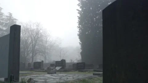 Camera moving slowly through a misty cemetery Stock Footage 293081922
