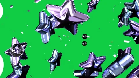 Camera moving in, star and capsule foil balloons rotating, drifting on alpha Vídeos de archivo 346156752