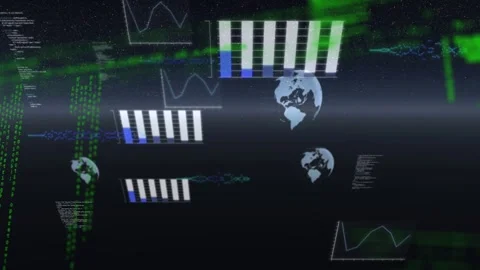 Camera moving, starting holo globes cluster centering, bars filling, code Stock Footage 328265905