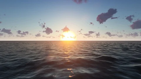 Camera Moving To Sunset, Ocean View at Sundown in Summer, 3D Rendering, 4K Stock Footage 120634953