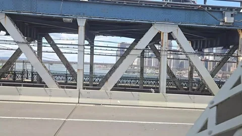 Camera moving  through the Bridge between Manhattan and Brooklyn Stock Footage 282683734