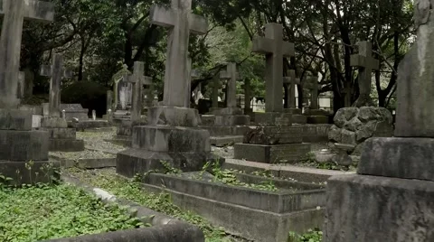 Camera moving through cross gravestones at the old christian cemetry. Stock Footage 64905671