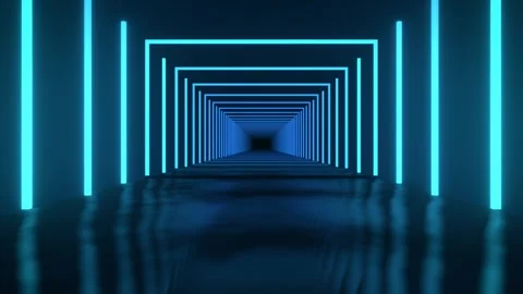 Camera moving through cyan neon corridor with glowing blue light frames Vídeo Stock 347365836