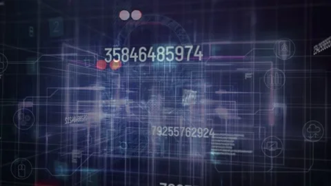 Camera moving through data grid, node column pulsing and revealing SCANNING Stock Footage 335651623