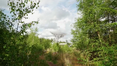 Camera moving through forest revealing radio telescope Stock Footage 291881580