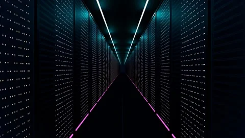 Camera moving through futuristic neon server room corridor. 4K 3D Render 스톡 동영상 344846771