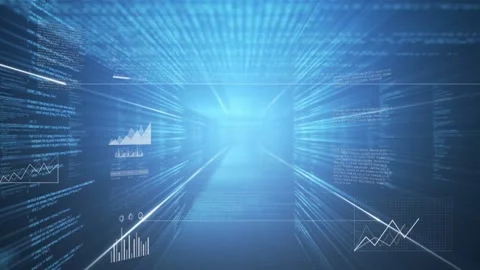 Camera moving through glowing data tunnel, code walls pulsing, charts growing, Stock Footage 332955945