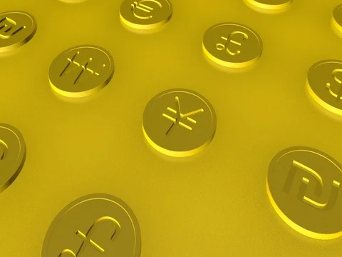 Camera moving through golden coins with currency signs, seamless loop Stock Footage 77750994