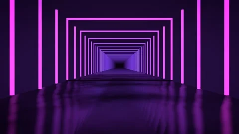 Camera moving through neon purple corridor with glowing pink light frames Stock Footage 347354713